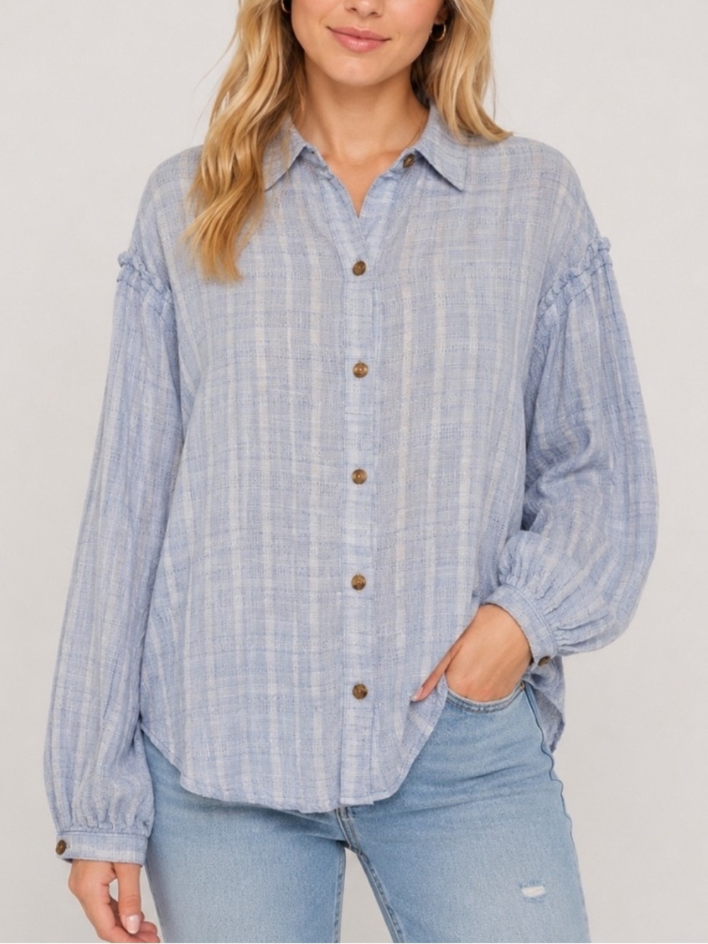 Free People Headed to the Highland Button Balloon Sleeve Blouse M 25809